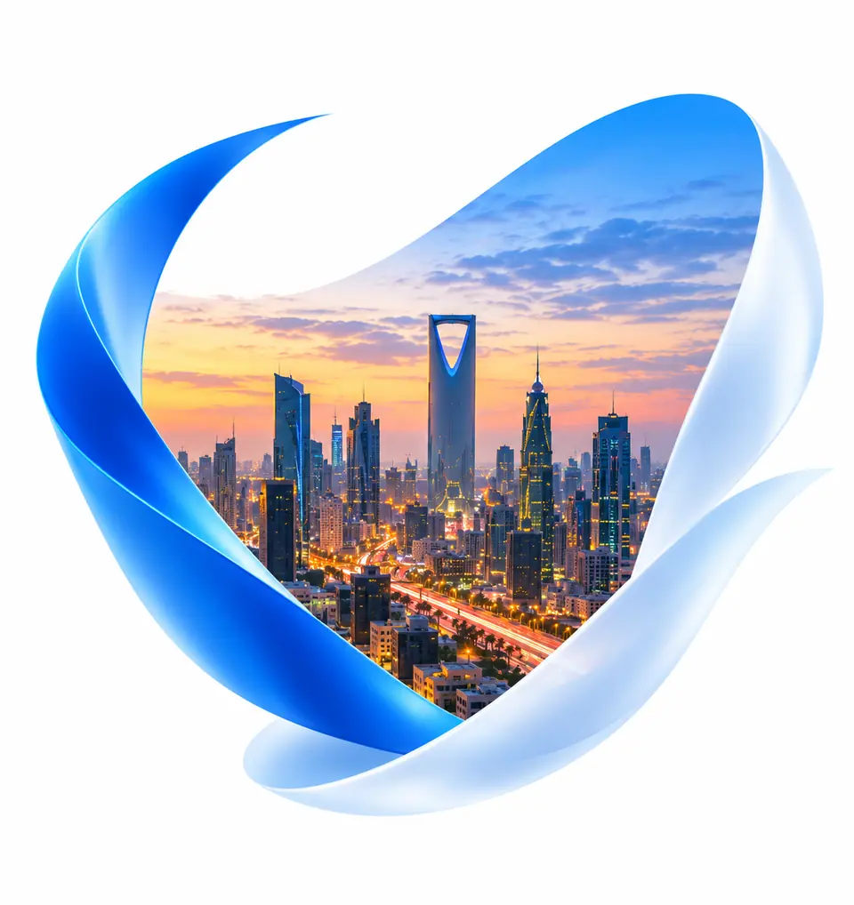 Riyadh skyline framed by flowing blue and white ribbons
